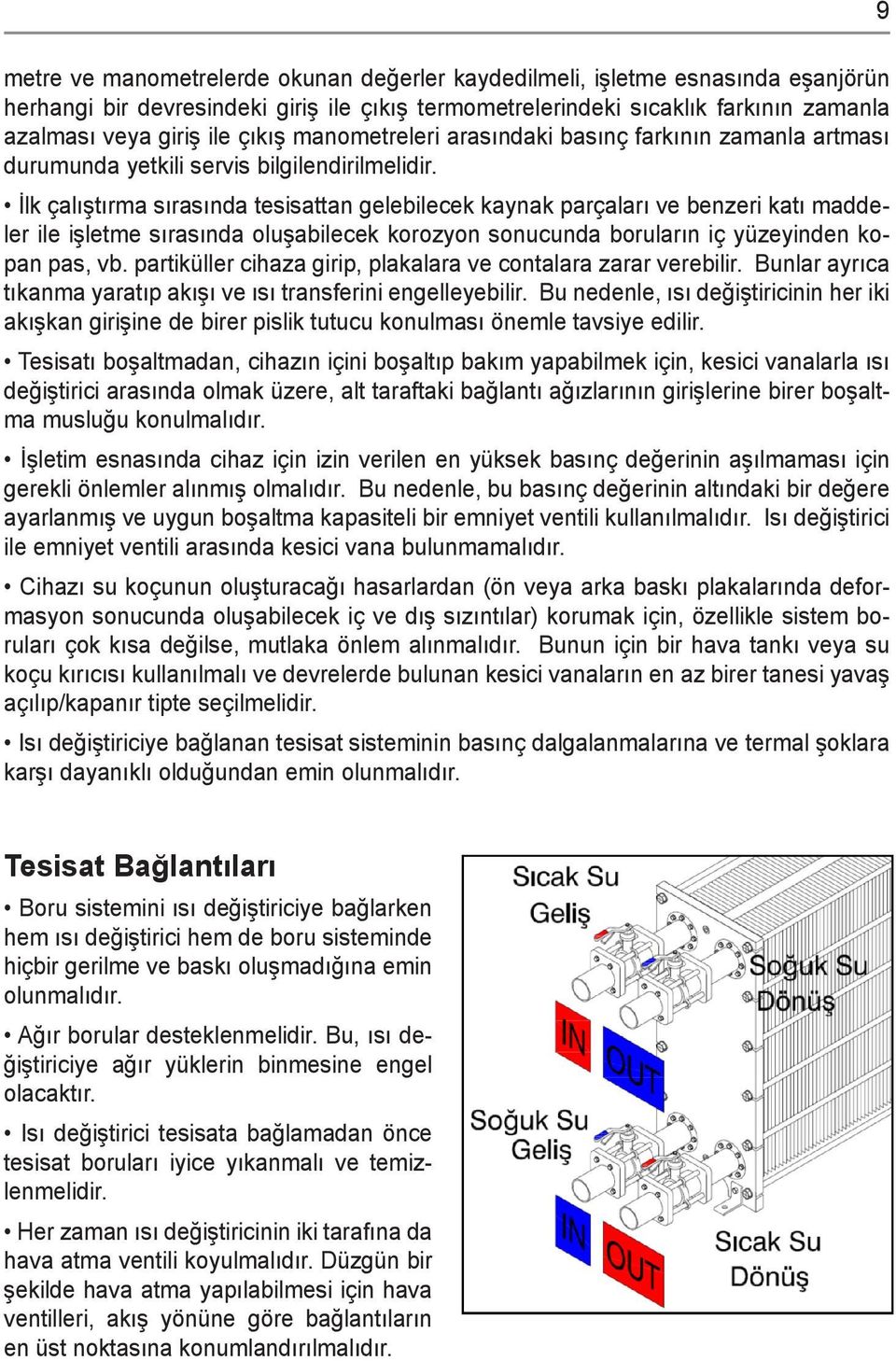 İlk çalıştırma sırasında tesisattan gelebilecek kaynak parçaları ve benzeri katı maddeler ile işletme sırasında oluşabilecek korozyon sonucunda boruların iç yüzeyinden kopan pas, vb.