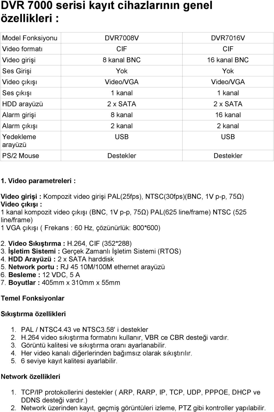 Video parametreleri : Video girişi : Kompozit video girişi PAL(25fps), NTSC(30fps)(BNC, 1V p-p, 75Ω) Video çıkışı : 1 kanal kompozit video çıkışı (BNC, 1V p-p, 75Ω) PAL(625 line/frame) NTSC (525