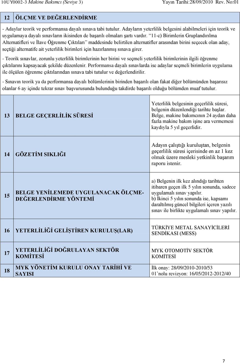 11-c) Birimlerin Gruplandırılma Alternatifleri ve İlave Öğrenme Çıktıları maddesinde belirtilen alternatifler arasından birini seçecek olan aday, seçtiği alternatife ait yeterlilik birimleri için