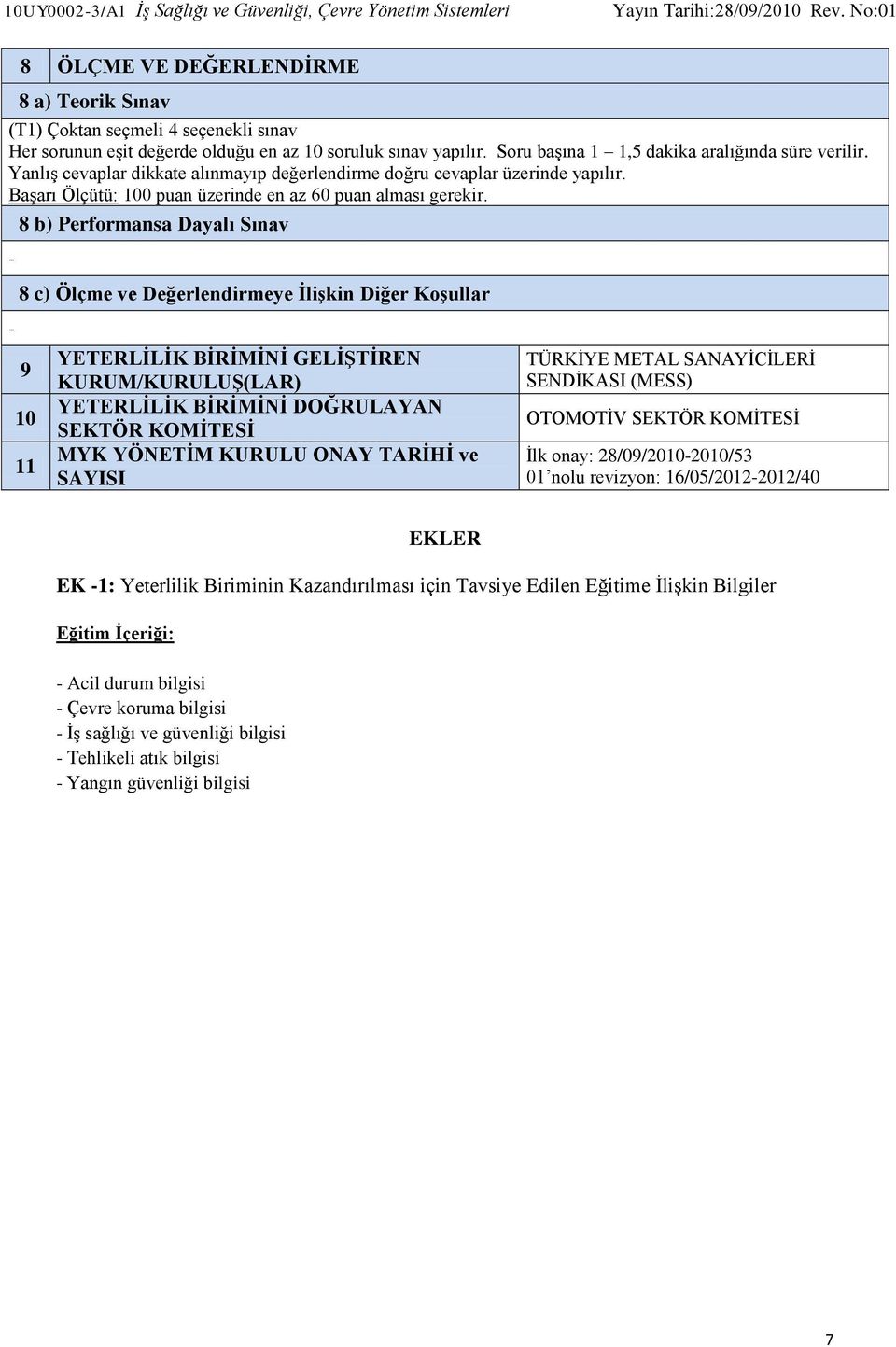 Başarı Ölçütü: 100 puan üzerinde en az 60 puan alması gerekir.