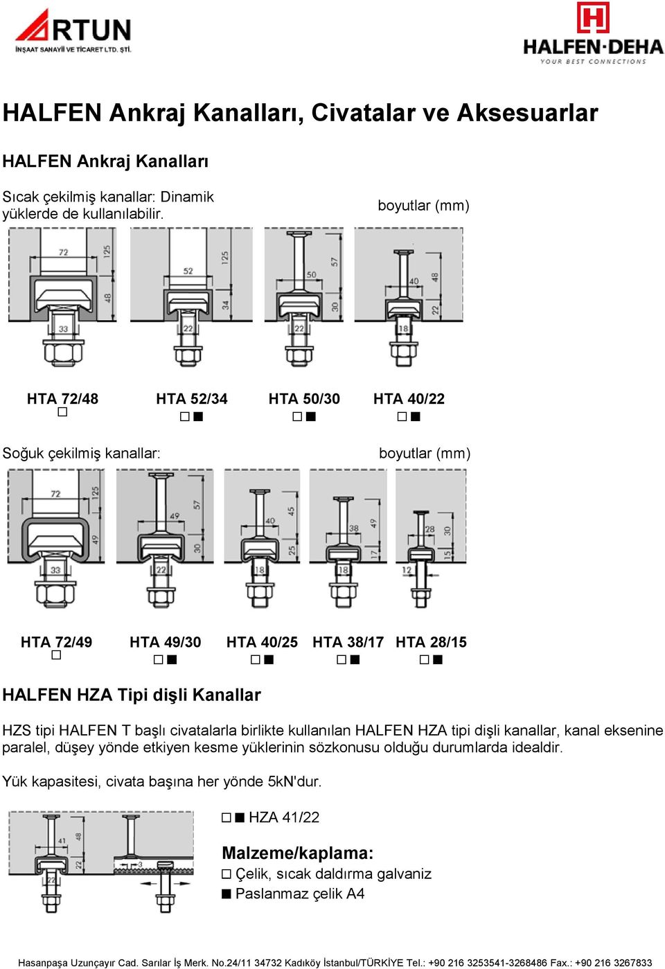 Tipi dişli Kanallar HZS tipi HALFEN T başlı civatalarla birlikte kullanılan HALFEN HZA tipi dişli kanallar, kanal eksenine paralel, düşey yönde etkiyen