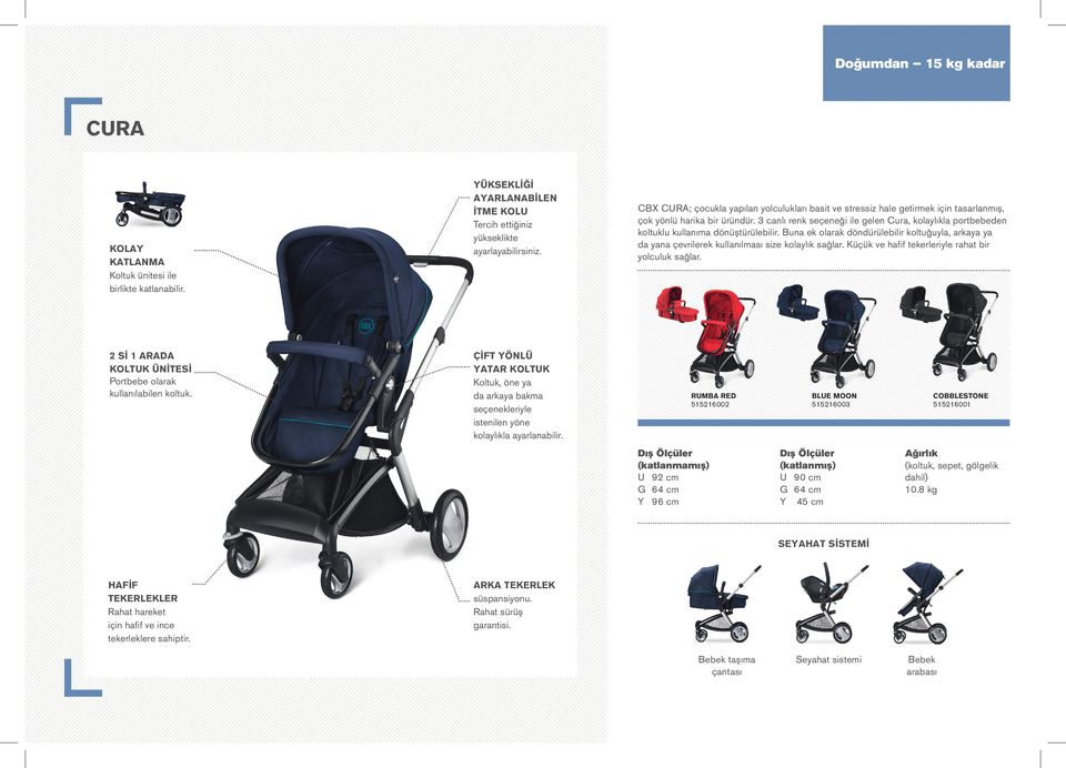 3 canlı renk seçeneği ile gelen Cura, kolaylıkla portbebeden koltuklu kullanıma dönüştürülebilir.