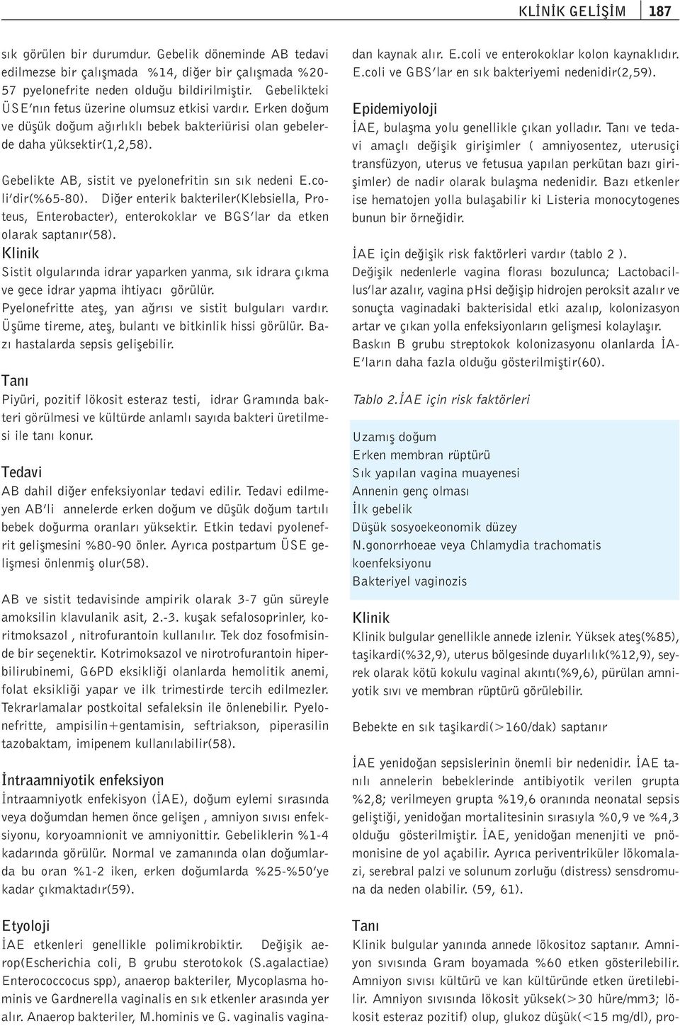 Gebelikte AB, sistit ve pyelonefritin s n s k nedeni E.coli dir(%65-80). Di er enterik bakteriler(klebsiella, Proteus, Enterobacter), enterokoklar ve BGS lar da etken olarak saptan r(58).