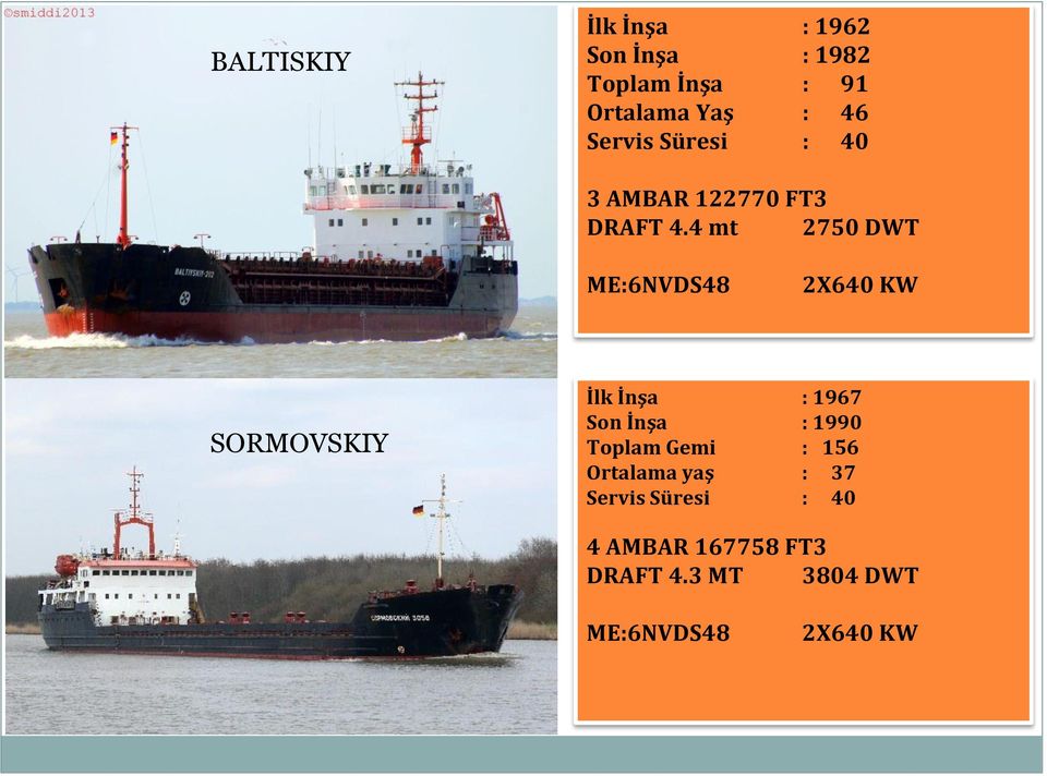 4 mt 2750 DWT ME:6NVDS48 2X640 KW SORMOVSKIY İlk İnşa : 1967 Son İnşa : 1990