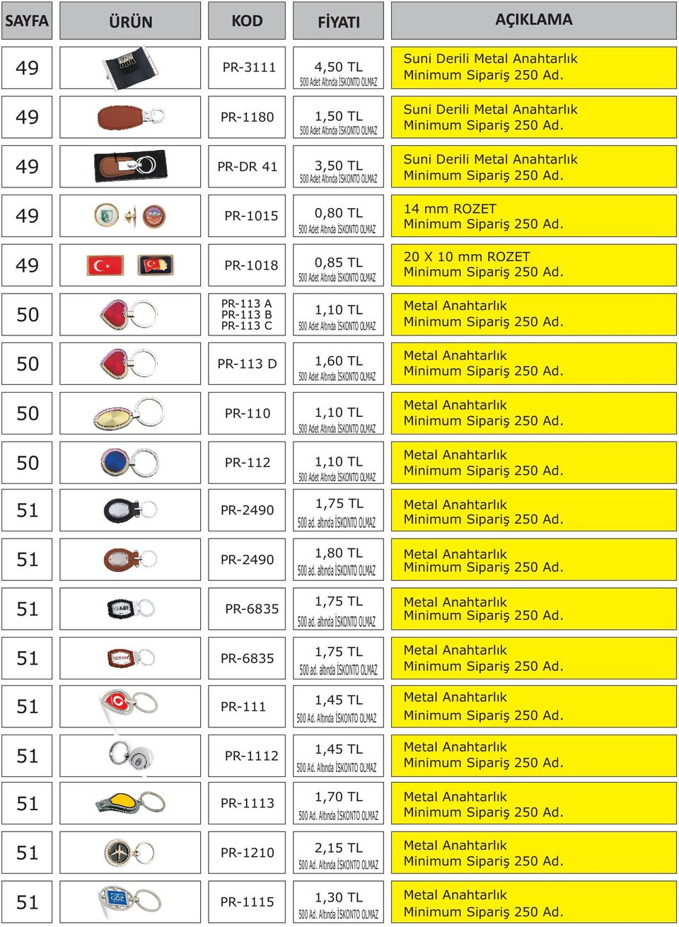 TL 500 ad. altında İSKONTO OLMAZ PR-2490 1,80 TL 500 ad. altında İSKONTO OLMAZ PR-6835 1,75 TL 500 ad.