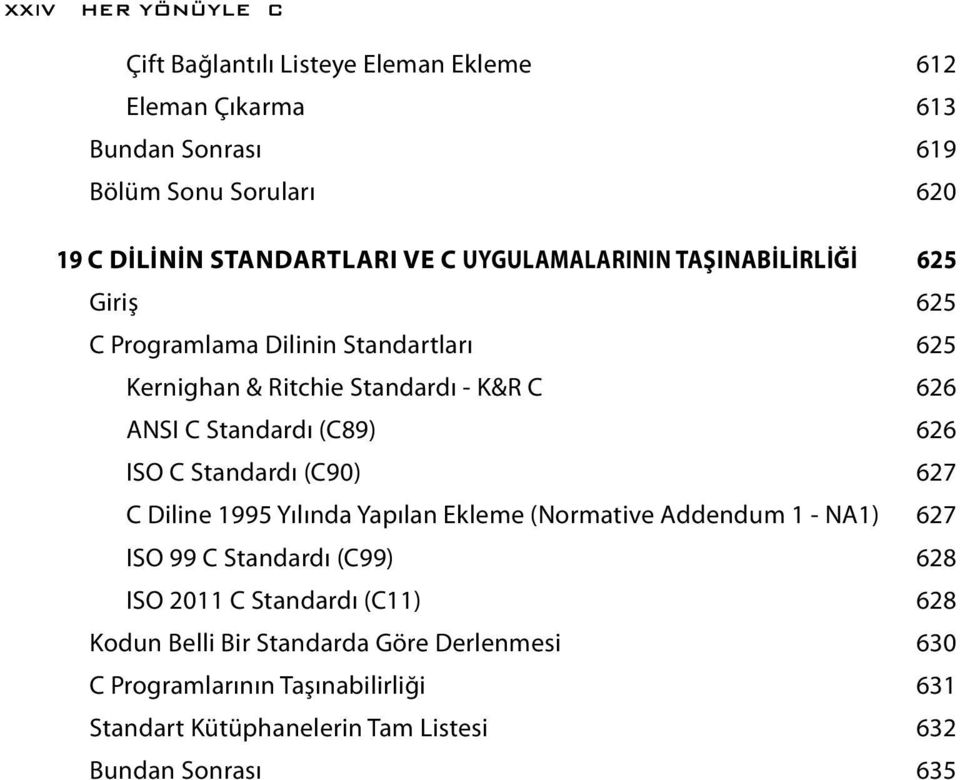 626 ISO C Standardı (C90) 627 C Diline 1995 Yılında Yapılan Ekleme (Normative Addendum 1 - NA1) 627 ISO 99 C Standardı (C99) 628 ISO 2011 C Standardı