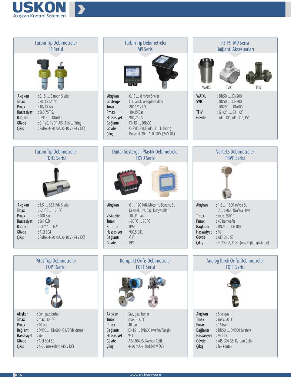 .. 8 m/sn Sıvılar : LCD anlık ve toplam debi : 80 C/125 C : 10/25 Bar : %0,75 T.S. : DN15... DN600 : C-PVC, PVDF, AISI 316 L, Pirinç : Pulse, 4-20 ma, 0-10 V (24 V DC) WAIXL SVIC : DN50... DN200 : DN50.