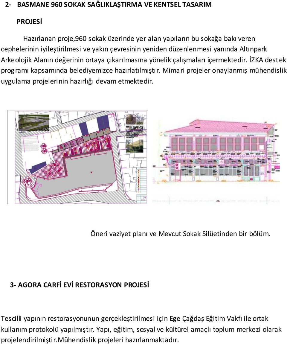 Mimari projeler onaylanmış mühendislik uygulama projelerinin hazırlığı devam etmektedir. Öneri vaziyet planı ve Mevcut Sokak Silüetinden bir bölüm.