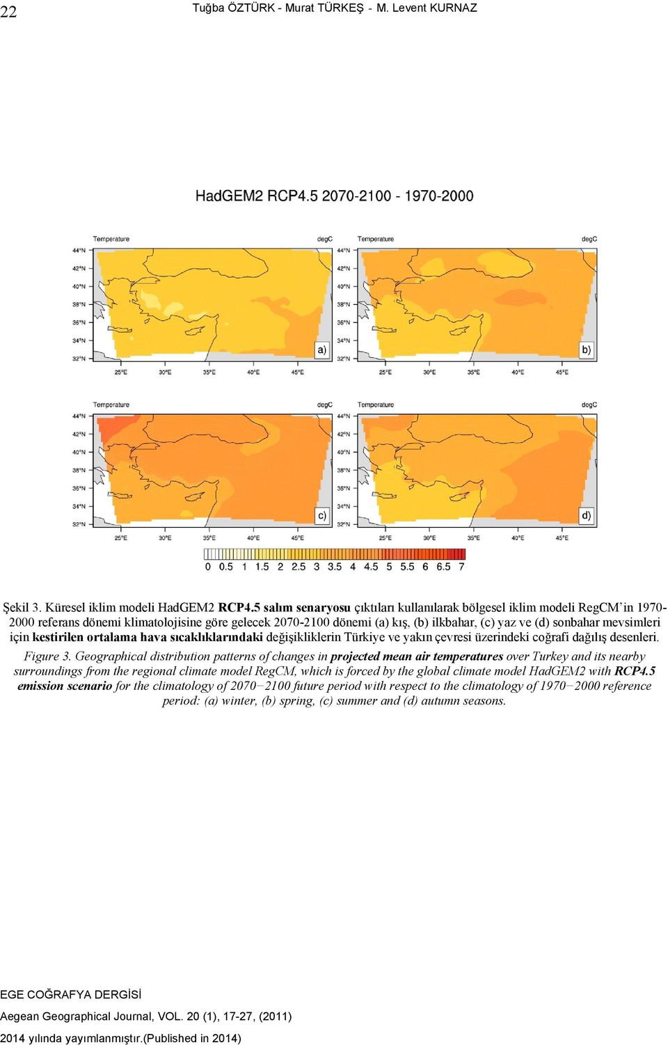 mevsimleri için kestirilen ortalama hava sıcaklıklarındaki değişikliklerin Türkiye ve yakın çevresi üzerindeki coğrafi dağılış desenleri. Figure 3.