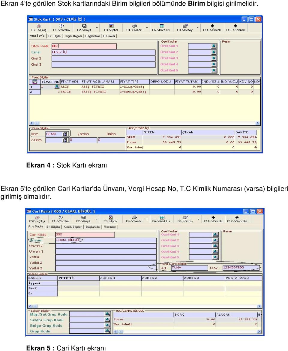 Ekran 4 : Stok Kartı ekranı Ekran 5 te görülen Cari Kartlar da