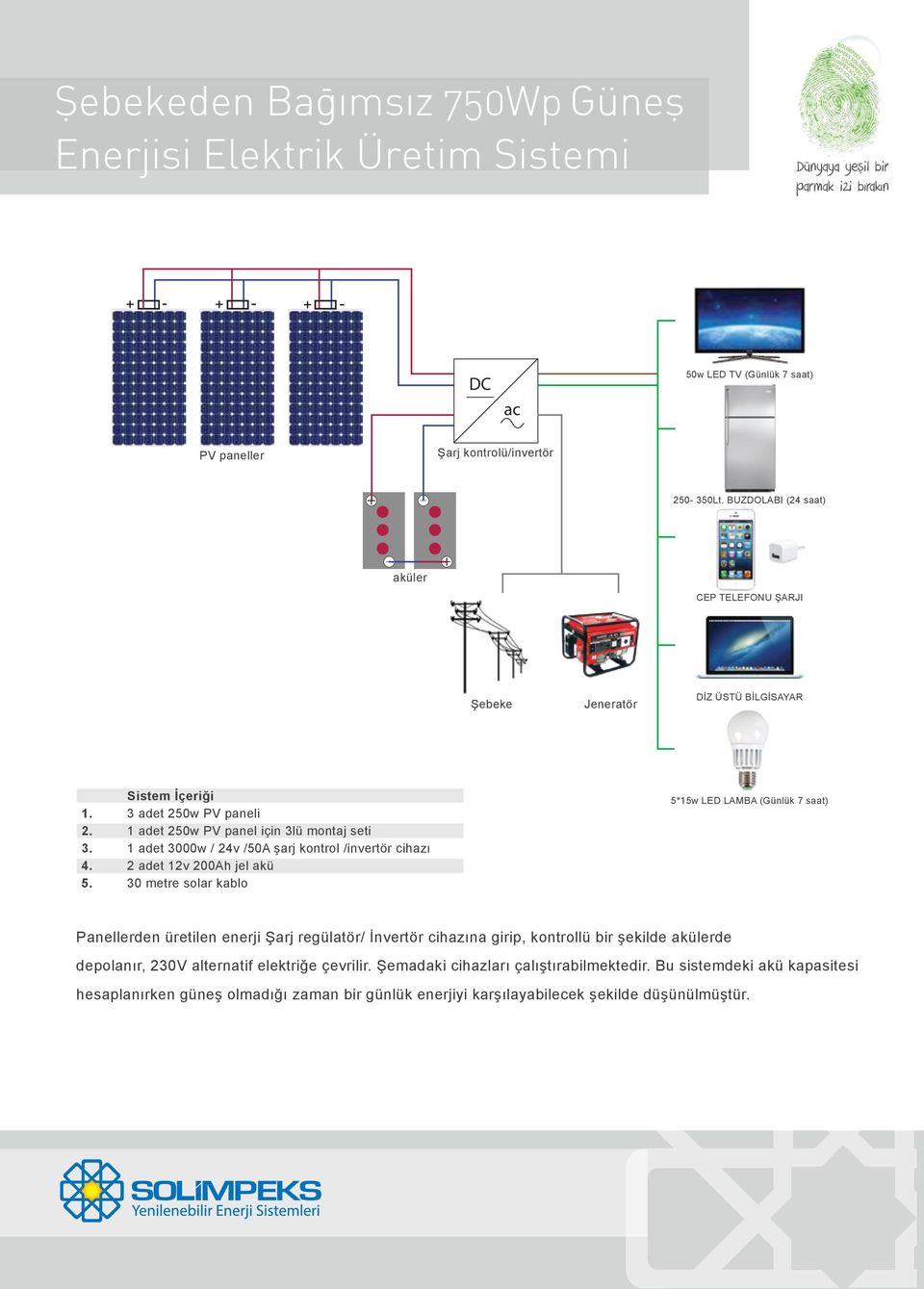 30 metre solar kablo 5*15w LED LAMBA (Günlük 7 saat) Panellerden üretilen enerji Şarj regülatör/ İnvertör cihazına girip, kontrollü bir şekilde