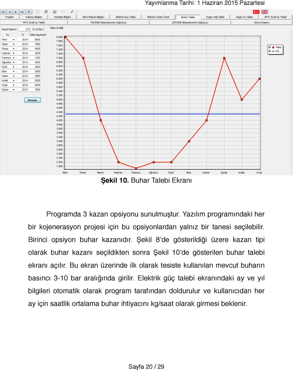 Şekil 8 de gösterildiği üzere kazan tipi olarak buhar kazanı seçildikten sonra Şekil 10 de gösterilen buhar talebi ekranı açılır.