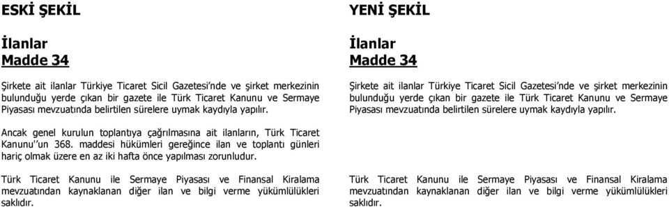 İlanlar Madde 34 Şirkete ait ilanlar Türkiye Ticaret Sicil Gazetesi nde ve şirket merkezinin bulunduğu yerde çıkan bir gazete ile Türk Ticaret Kanunu ve Sermaye Piyasası mevzuatında  Ancak genel