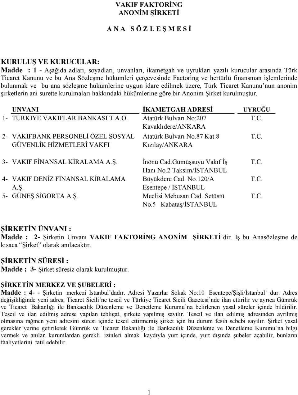 ani surette kurulmaları hakkındaki hükümlerine göre bir Anonim Şirket kurulmuştur. UNVANI İKAMETGAH ADRESİ UYRUĞU 1- TÜRKİYE VAKIFLAR BANKASI T.A.O.