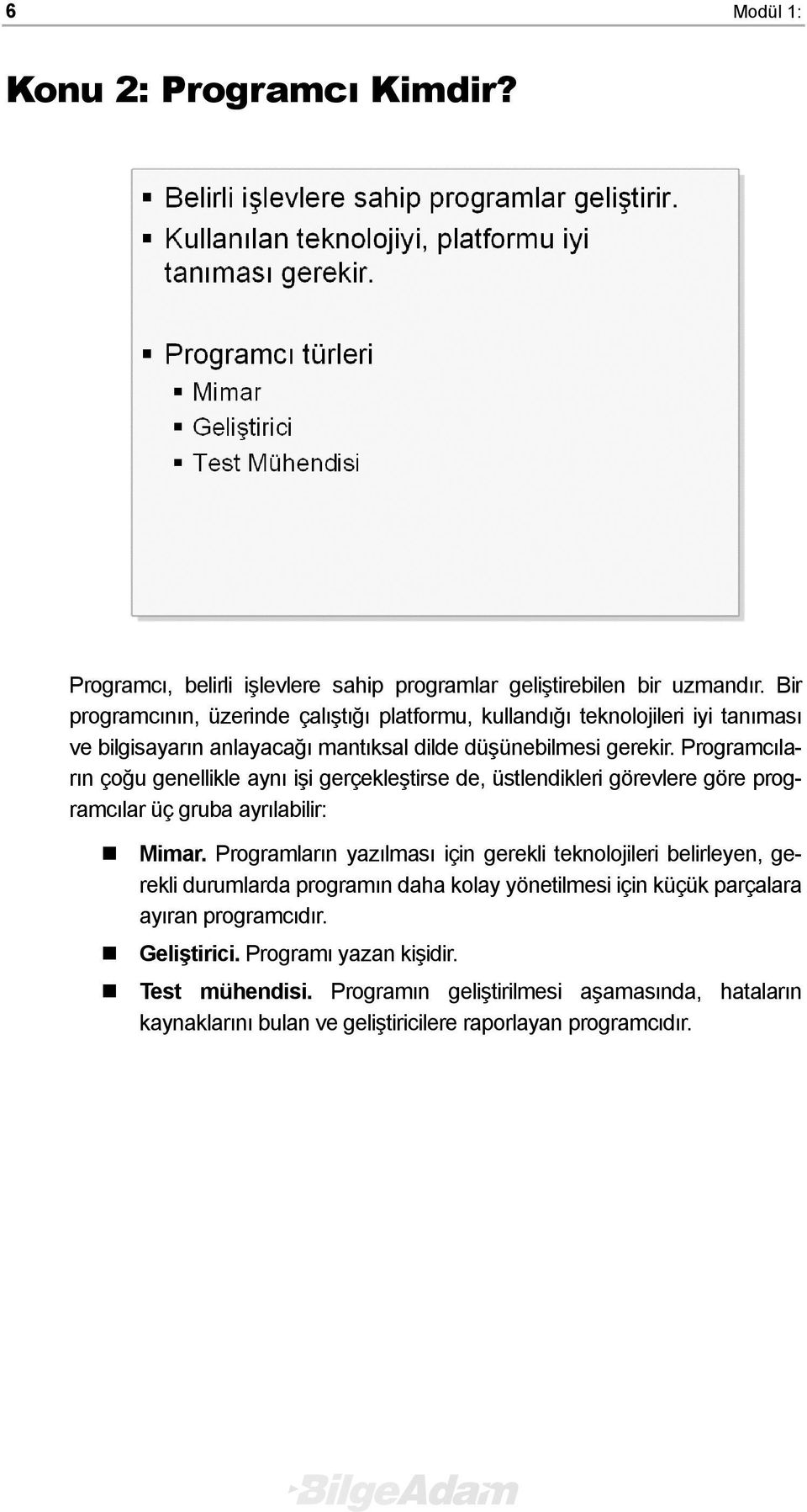 Programcıların çoğu genellikle aynı işi gerçekleştirse de, üstlendikleri görevlere göre programcılar üç gruba ayrılabilir: Mimar.