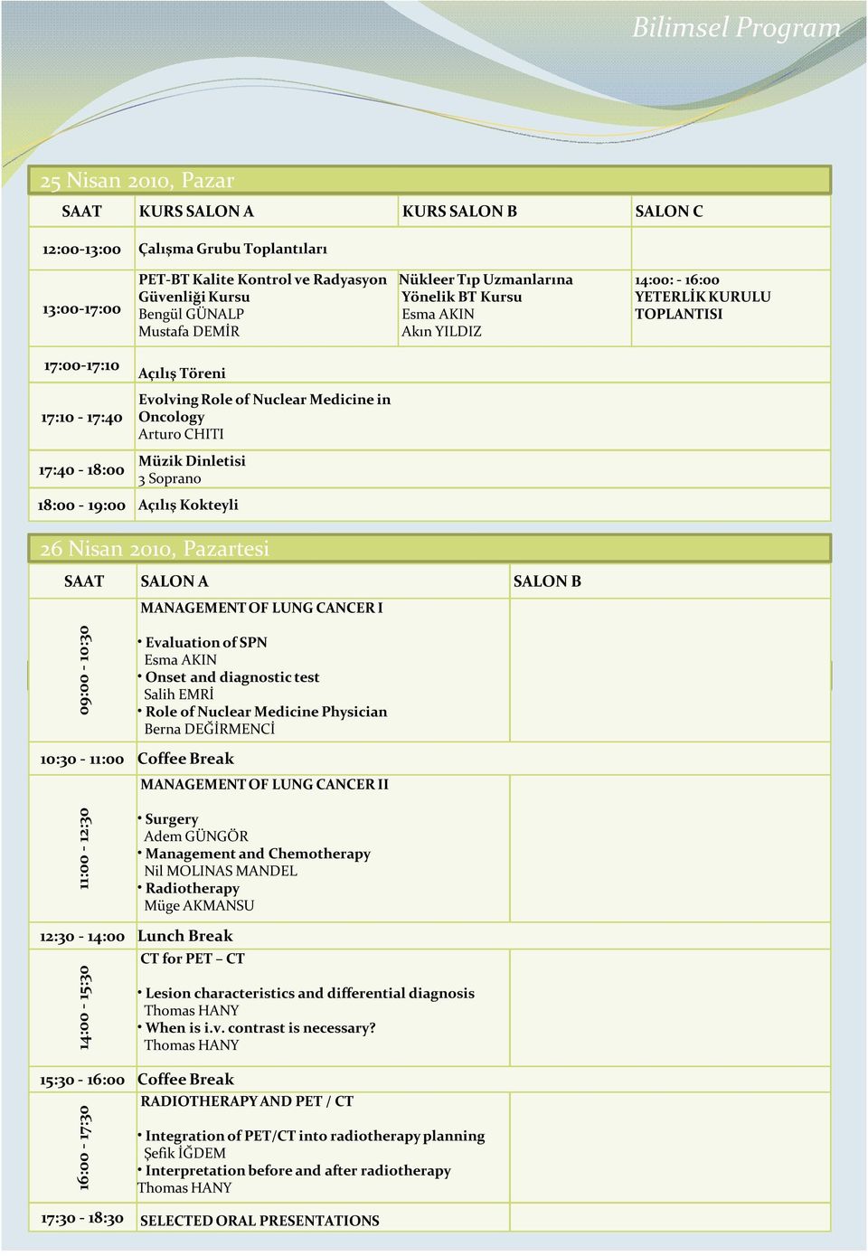 Nuclear Medicine in Oncology Arturo CHITI Müzik Dinletisi 3 Soprano 18:00-19:00 Açılış Kokteyli 26 Nisan 2010, Pazartesi 26 Nisan 2010, Pazartesi 26.04.