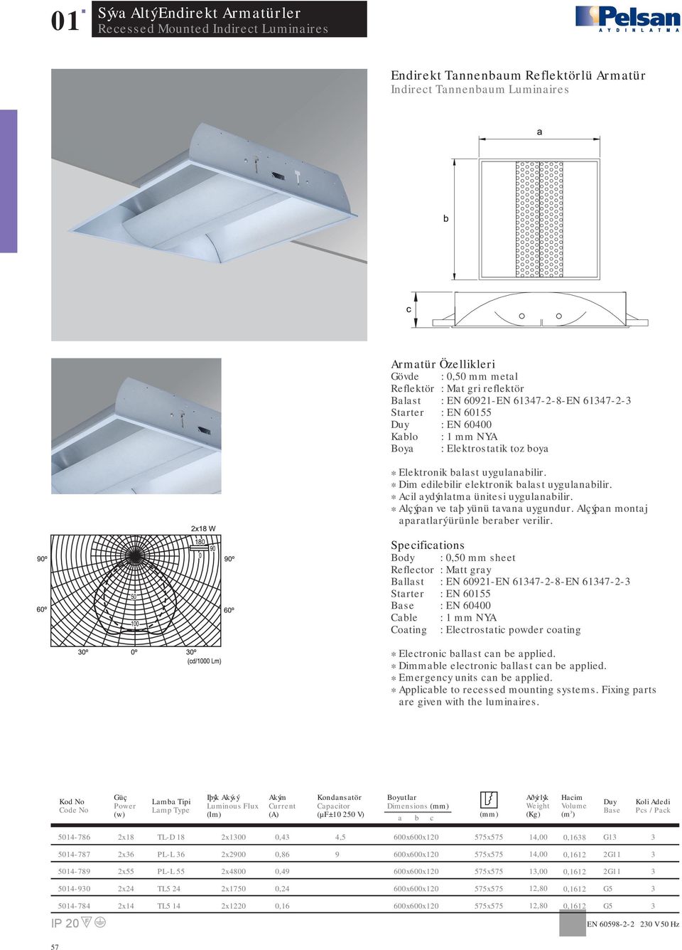 Body : 0,50 mm sheet Reflector : Matt gray Ballast : EN 0921-EN 17-2-8-EN 17-2- : EN 000 Coating : Electrostatic powder coating * Applicable to recessed mounting systems.