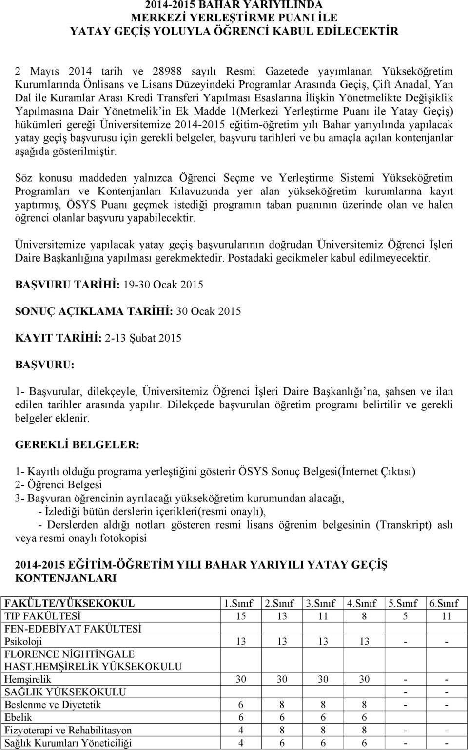 1(Merkezi Yerleştirme Puanı ile Yatay Geçiş) hükümleri gereği Üniversitemize 2014-2015 eğitim-öğretim yılı Bahar yarıyılında yapılacak yatay geçiş başvurusu için gerekli belgeler, başvuru tarihleri