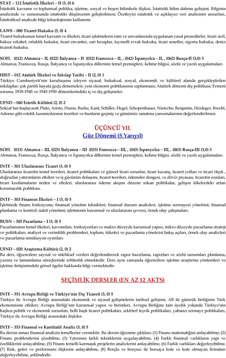 LAWS 080 Ticaret Hukuku (3, 0) 4 Ticaret hukukunun temel kavram ve ilkeleri, ticari işletmelerin isim ve unvanlarında uygulanan yasal prosedürler, ticari sicil, haksız rekabet, ortaklık hukuku,