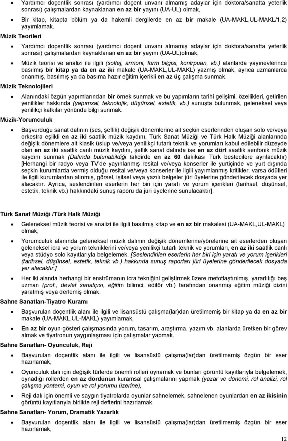 Müzik Teorileri Yardımcı doçentlik sonrası (yardımcı doçent unvanı almamış adaylar için doktora/sanatta yeterlik sonrası) çalışmalardan kaynaklanan en az bir yayını (UA-UL)olmak, Müzik teorisi ve