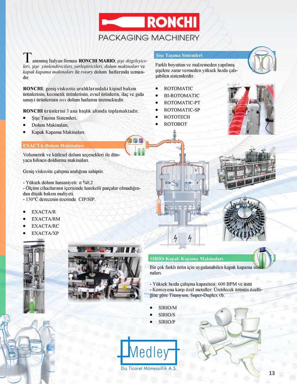 RONCHI; geniş viskozite aralıklarındaki kişisel bakım ürünlerinin, kozmetik ürünlerinin, evsel ürünlerin, ilaç ve gıda sanayi ürünlerinin sıvı dolum hatlarını üretmektedir.