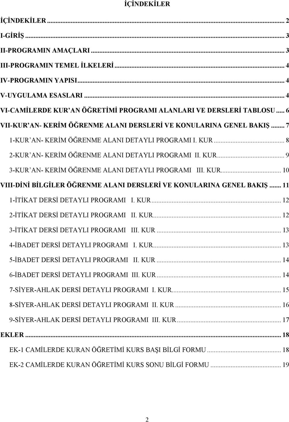 KUR... 8 2-KUR AN- KERİM ÖĞRENME ALANI DETAYLI PROGRAMI II. KUR... 9 3-KUR AN- KERİM ÖĞRENME ALANI DETAYLI PROGRAMI III. KUR... 10 VIII-DİNİ BİLGİLER ÖĞRENME ALANI DERSLERİ VE KONULARINA GENEL BAKIŞ.