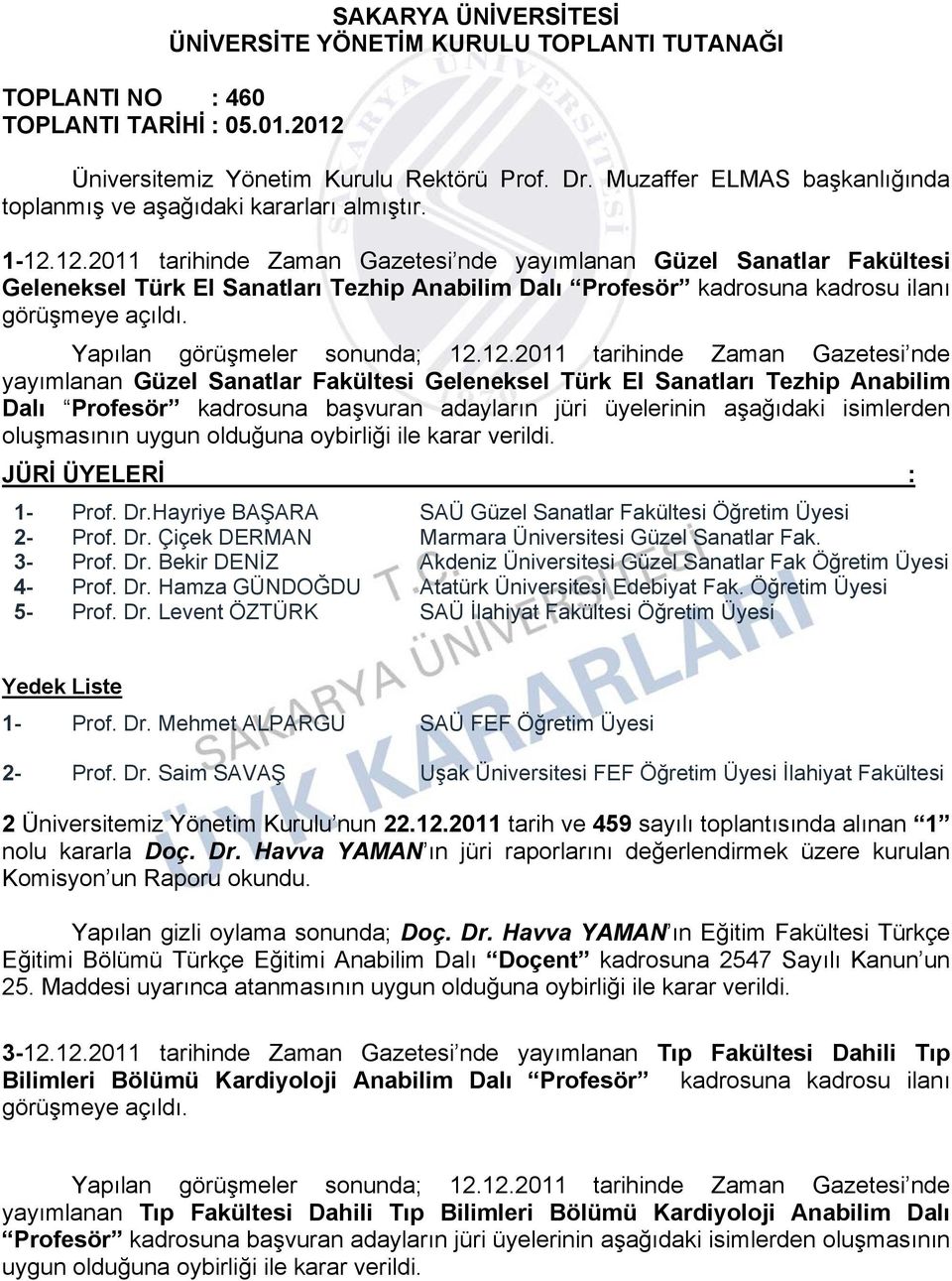 12.2011 tarihinde Zaman Gazetesi nde yayımlanan Güzel Sanatlar Fakültesi Geleneksel Türk El Sanatları Tezhip Anabilim Dalı Profesör kadrosuna kadrosu ilanı görüşmeye açıldı.