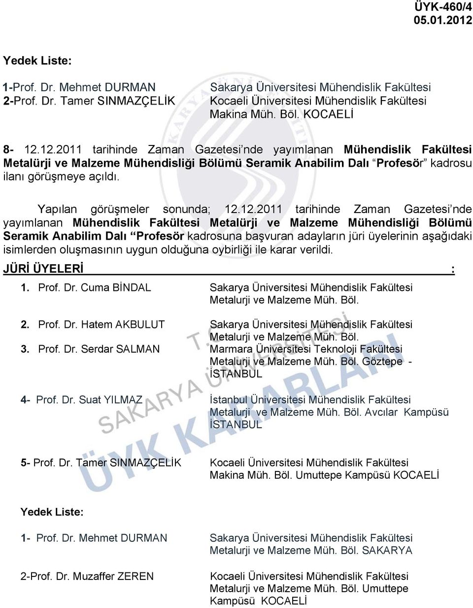 yayımlanan Mühendislik Fakültesi Metalürji ve Malzeme Mühendisliği Bölümü Seramik Anabilim Dalı Profesör kadrosuna başvuran adayların jüri üyelerinin aşağıdaki isimlerden oluşmasının uygun olduğuna