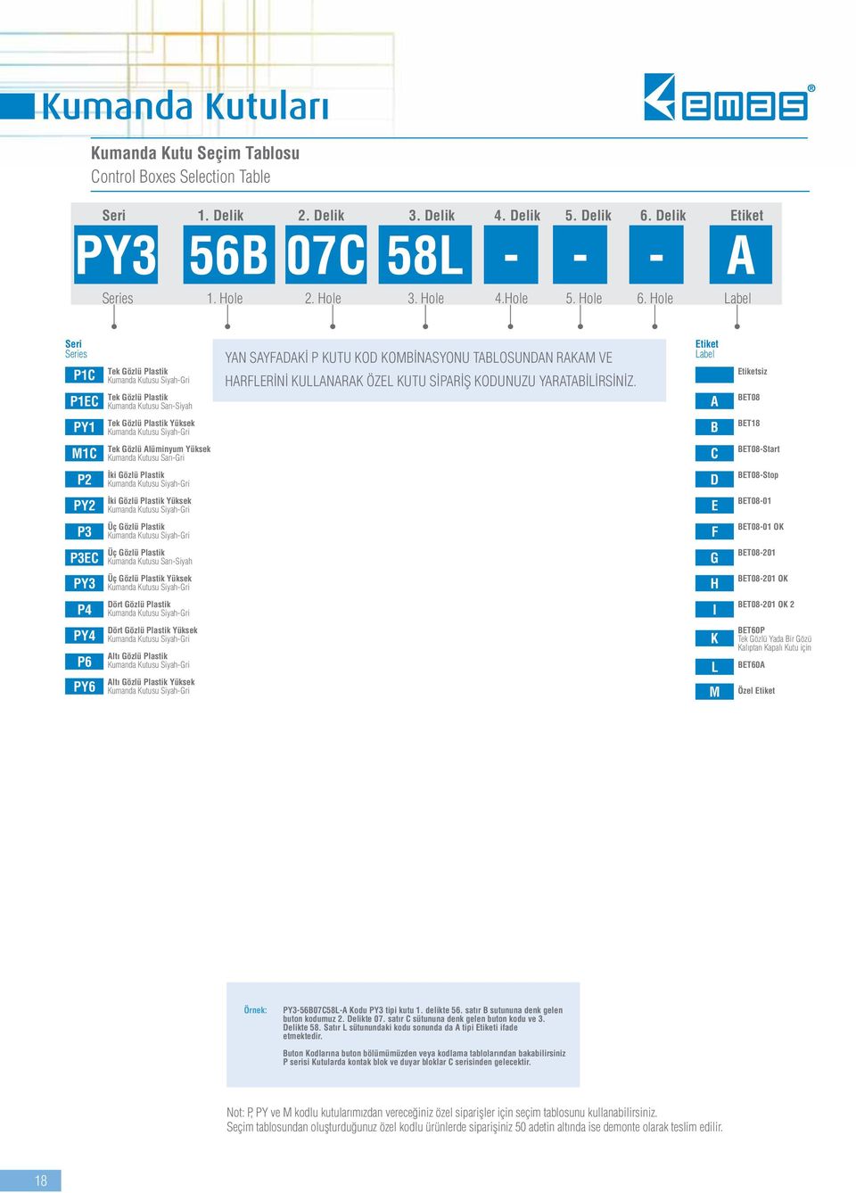 Hole Label Seri Series P1C P1EC Tek Gözlü Plastik Kumanda Kutusu Siyah-Gri Tek Gözlü Plastik Kumanda Kutusu Sarı-Siyah YAN SAYFADAKİ P KUTU KOD KOMBİNASYONU TABLOSUNDAN RAKAM VE HARFLERİNİ KULLANARAK