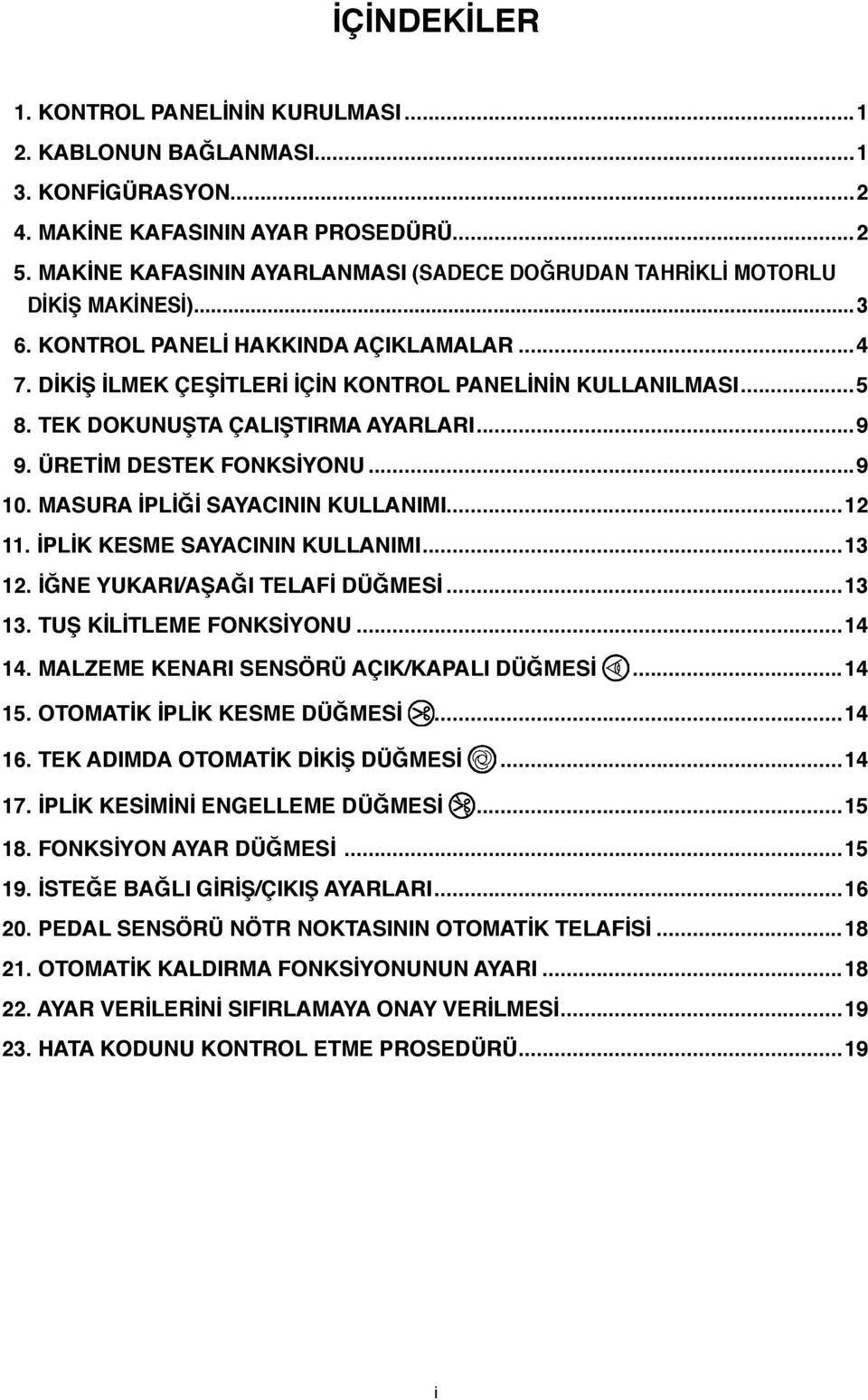 ... İPLİK KESME SYININ KULLNIMI...3. İĞNE YUKRI/ŞĞI TELFİ ÜĞMESİ...3 3. TUŞ KİLİTLEME FONKSİYONU...4 4. MLZEME KENRI SENSÖRÜ ÇIK/KPLI ÜĞMESİ...4 5. OTOMTİK İPLİK KESME ÜĞMESİ...4 6.