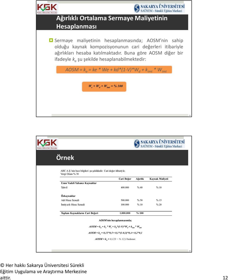 Cari değer itibariyle; Vergi Oranı % 30 Uzun Vadeli Yabancı Kaynaklar Cari Değer Ağırlık Kaynak Maliyeti Tahvil 400.000 % 40 % 10 Özkaynaklar Adi Hisse Senedi 500.