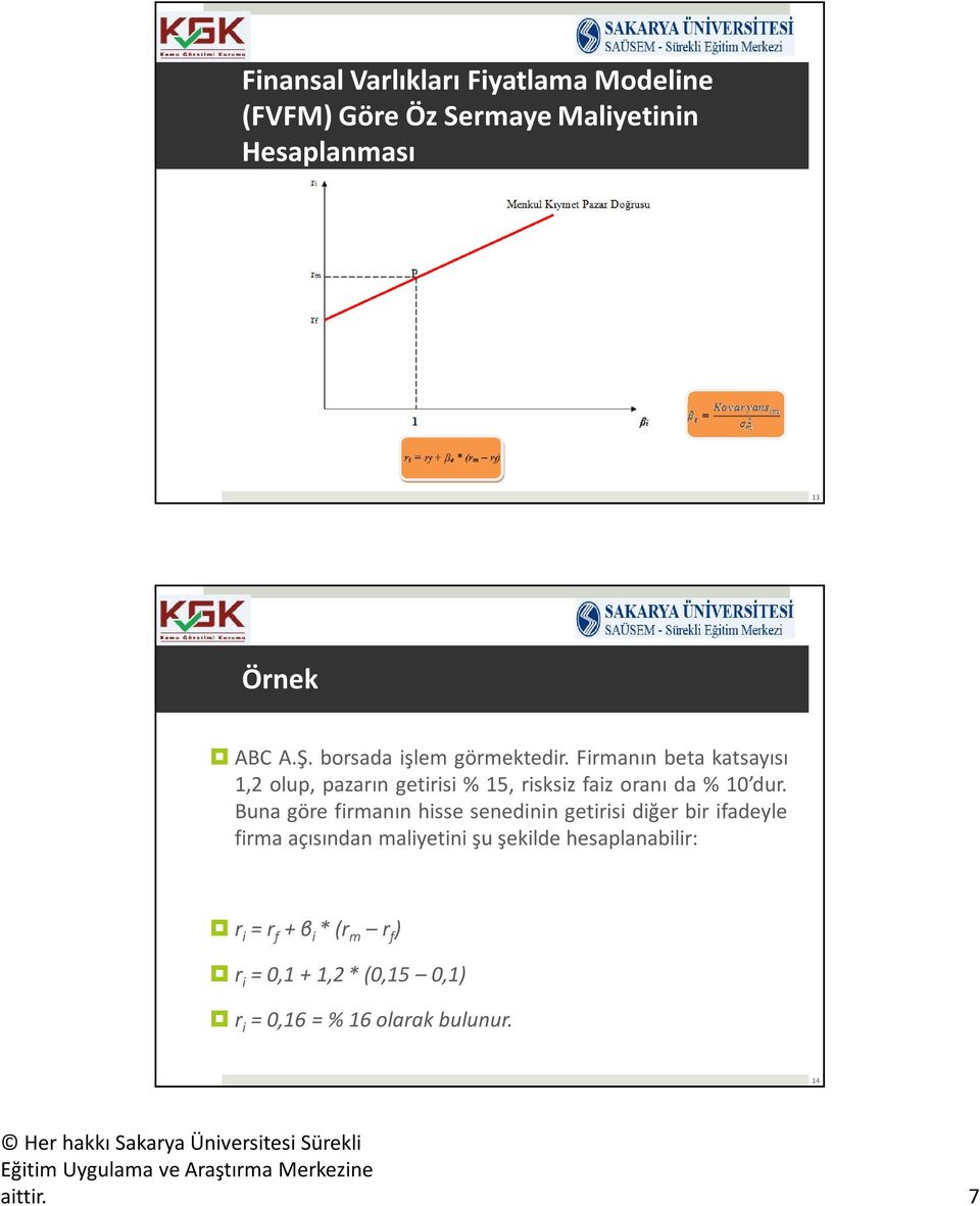 Firmanın beta katsayısı 1,2 olup, pazarın getirisi % 15, risksiz faiz oranı da % 10 dur.