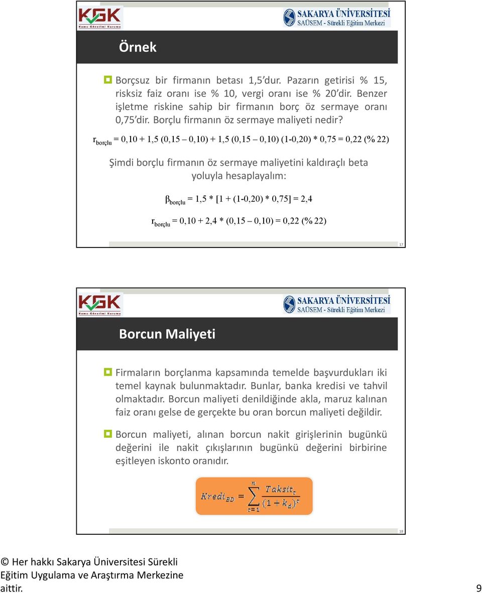 r borçlu = 0,10 + 1,5 (0,15 0,10) + 1,5 (0,15 0,10) (1-0,20) * 0,75 = 0,22 (% 22) Şimdi borçlu firmanın öz sermaye maliyetini kaldıraçlı beta yoluyla hesaplayalım: β borçlu = 1,5 * [1 + (1-0,20) *