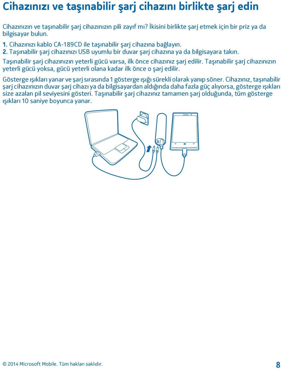 Tașınabilir șarj cihazınızın yeterli gücü varsa, ilk önce cihazınız șarj edilir. Taşınabilir şarj cihazınızın yeterli gücü yoksa, gücü yeterli olana kadar ilk önce o şarj edilir.