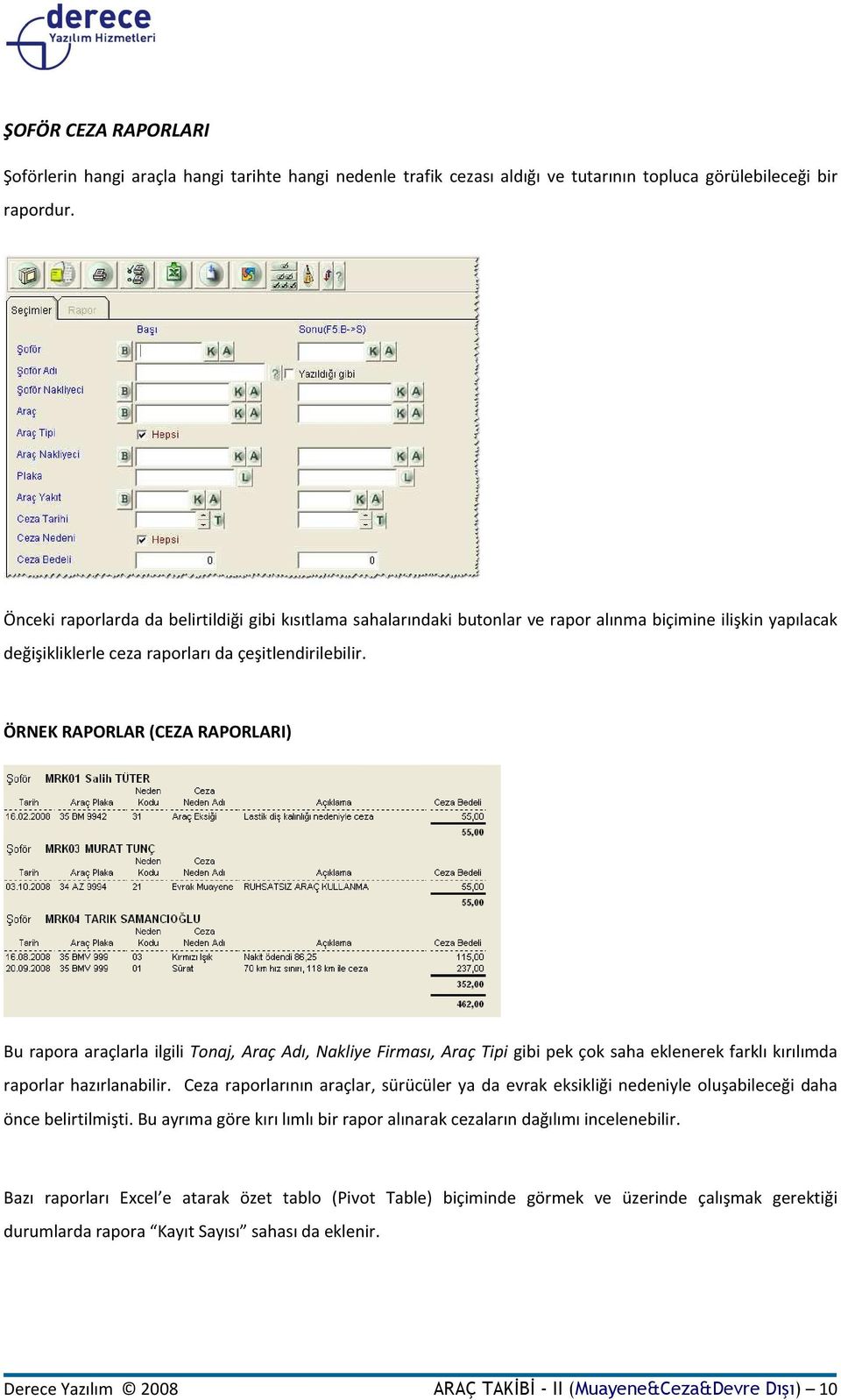 ÖRNEK RAPORLAR (CEZA RAPORLARI) Bu rapora araçlarla ilgili Tonaj, Araç Adı, Nakliye Firması, Araç Tipi gibi pek çok saha eklenerek farklı kırılımda raporlar hazırlanabilir.