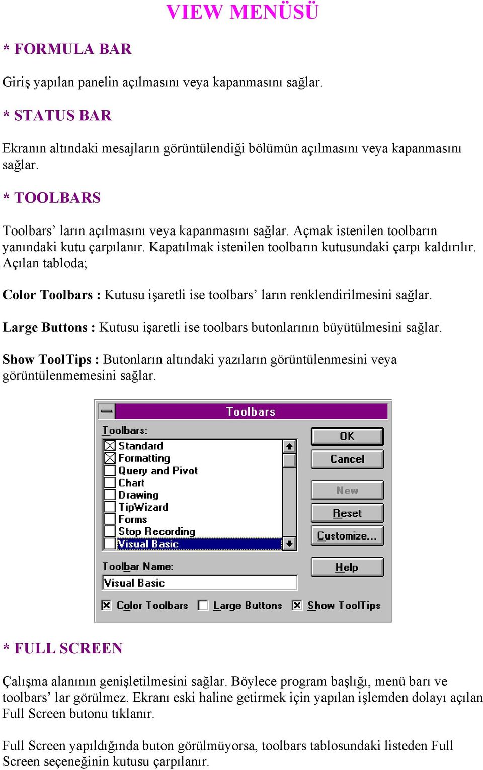 Açılan tabloda; Color Toolbars : Kutusu işaretli ise toolbars ların renklendirilmesini sağlar. Large Buttons : Kutusu işaretli ise toolbars butonlarının büyütülmesini sağlar.