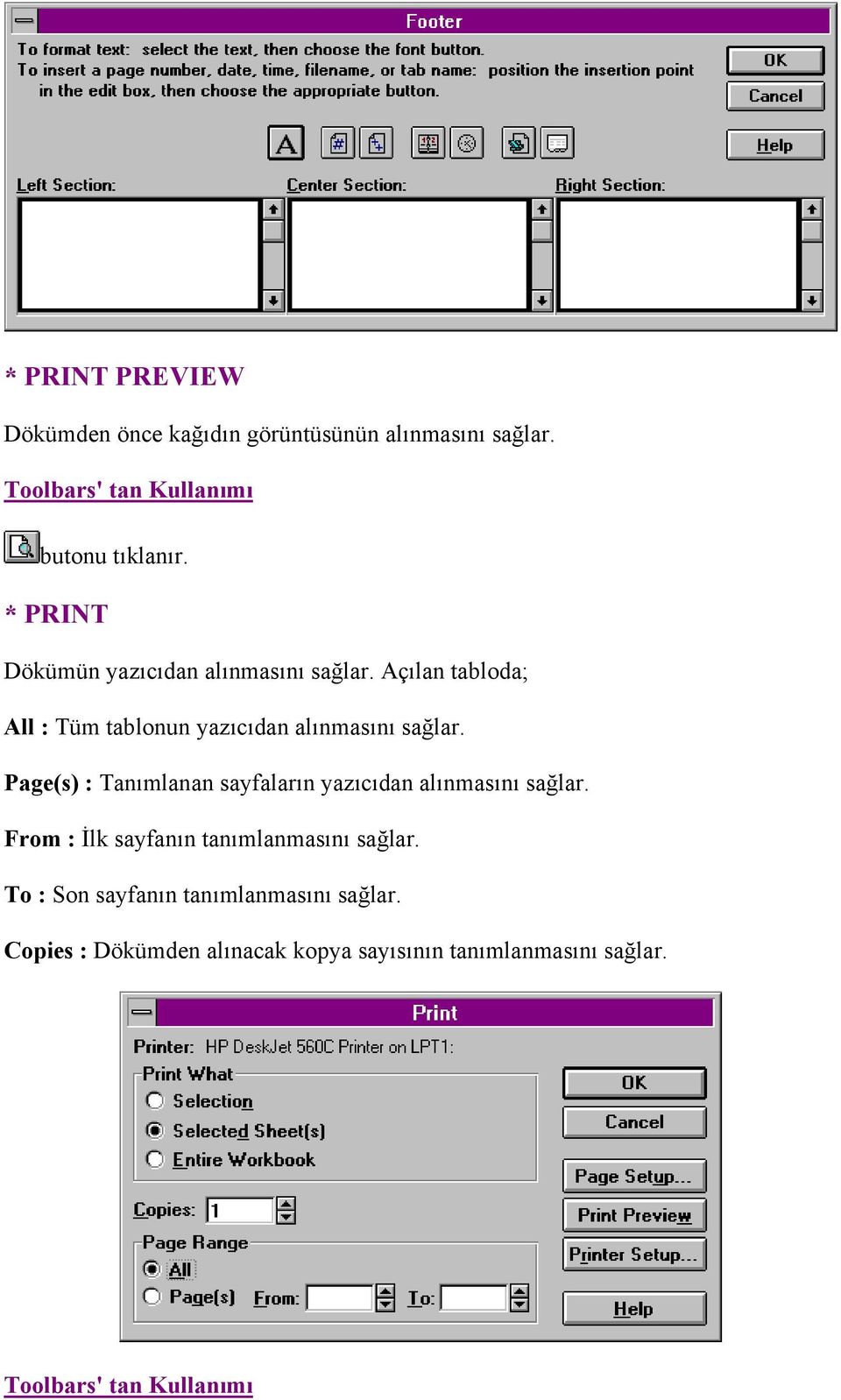 Page(s) : Tanımlanan sayfaların yazıcıdan alınmasını sağlar. From : İlk sayfanın tanımlanmasını sağlar.