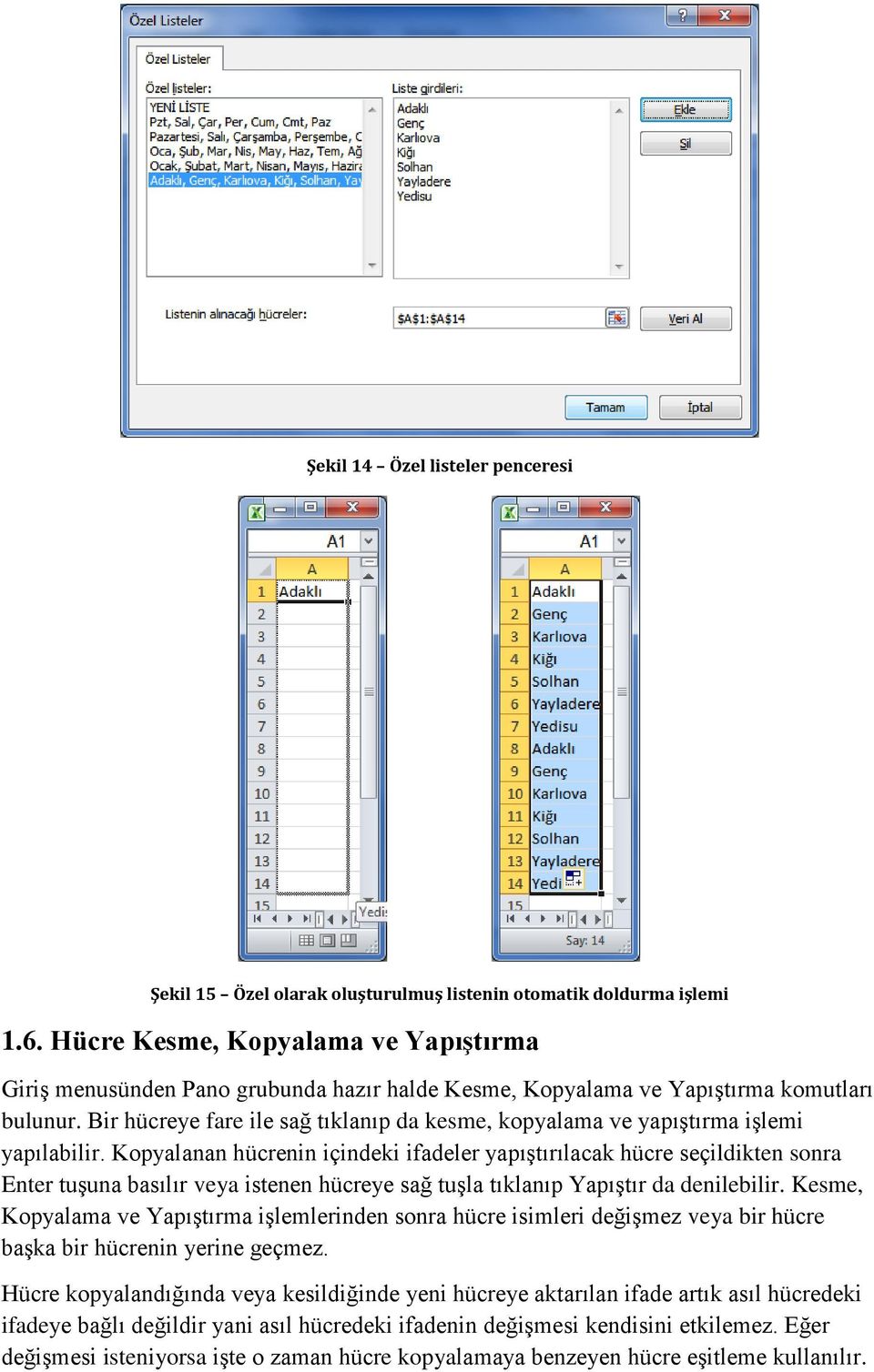 Bir hücreye fare ile sağ tıklanıp da kesme, kopyalama ve yapıştırma işlemi yapılabilir.