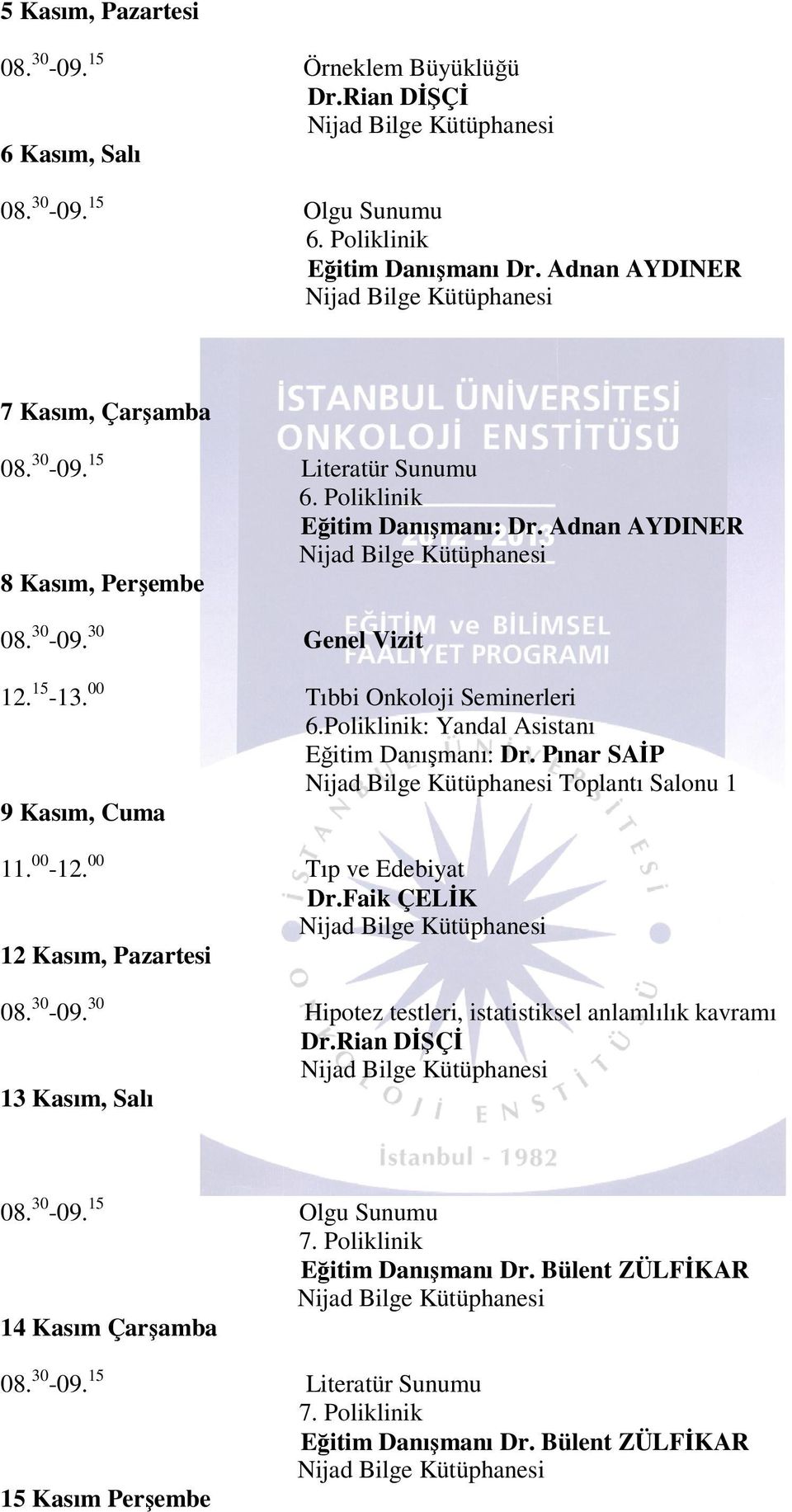 Pınar SAİP Toplantı Salonu 1 9 Kasım, 11. 00-12. 00 Tıp ve Edebiyat Dr.Faik ÇELİK 12 Kasım, 08. 30-09. 30 Hipotez testleri, istatistiksel anlamlılık kavramı Dr.