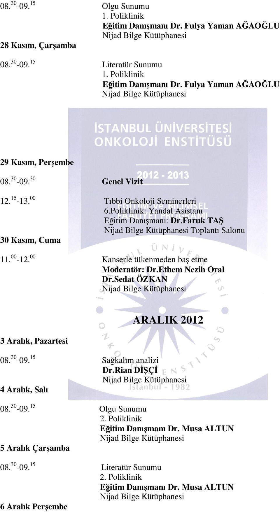 00 Kanserle tükenmeden baş etme Moderatör: Dr.Ethem Nezih Oral Dr.Sedat ÖZKAN 3 Aralık, ARALIK 2012 08. 30-09. 15 Sağkalım analizi Dr.Rian DİŞÇİ 4 Aralık, 08. 30-09. 15 Olgu Sunumu 2.