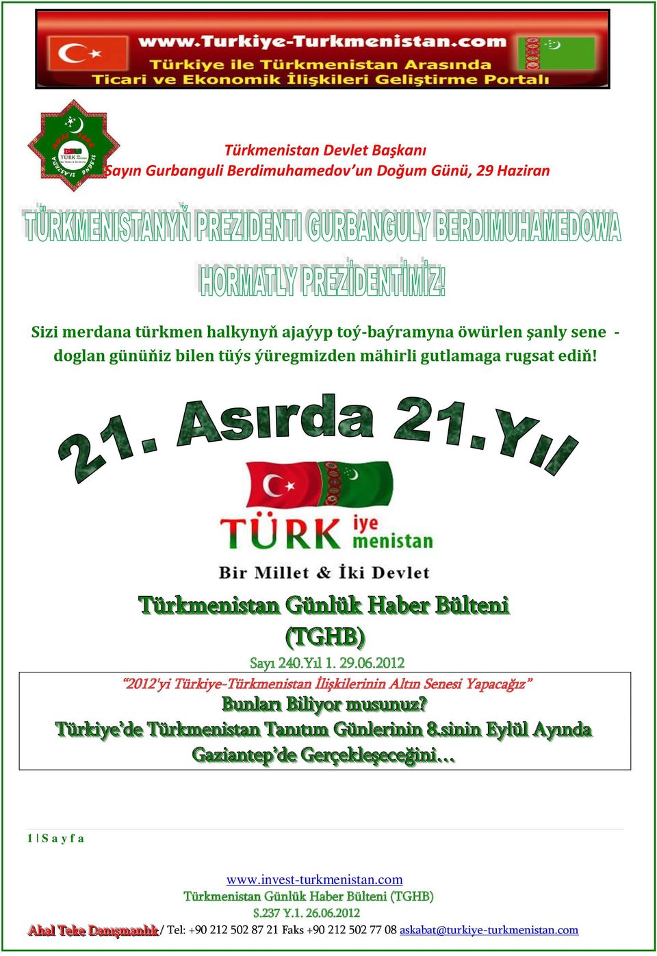 Türkmeniistan Günllük Haber Bülltenii (TGHB) Sayı 240.Yıl 1. 29.06.