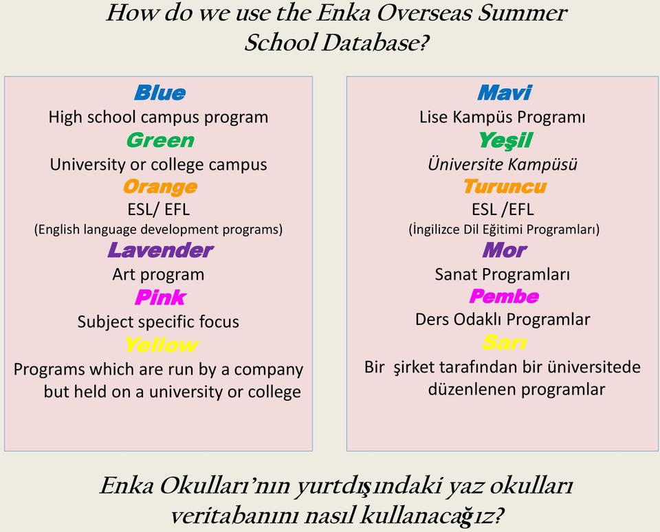 Subject specific focus Yellow Programs which are run by a company but held on a university or college Mavi Lise Kampüs Programı Yeşil Üniversite