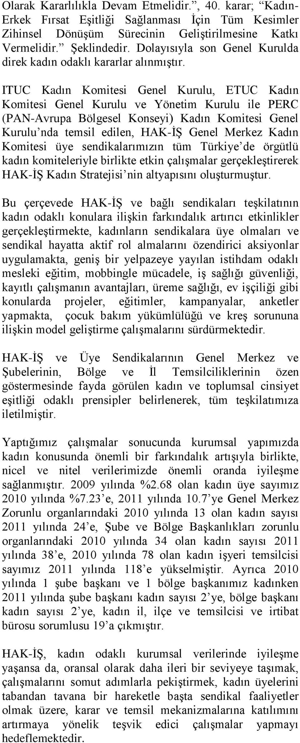 ITUC Kadın Komitesi Genel Kurulu, ETUC Kadın Komitesi Genel Kurulu ve Yönetim Kurulu ile PERC (PAN-Avrupa Bölgesel Konseyi) Kadın Komitesi Genel Kurulu nda temsil edilen, HAK-İŞ Genel Merkez Kadın