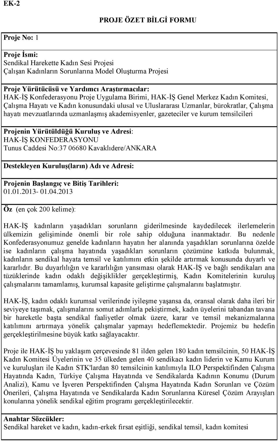 Yürütüldüğü Kuruluş ve Adresi: HAK-İŞ KONFEDERASYONU Tunus Caddesi No:37 06680 Kavaklıdere/ANKARA Destekleyen Kuruluş(ların) Adı ve Adresi: Projenin Başlangıç ve Bitiş Tarihleri: 01.01.2013-01.04.