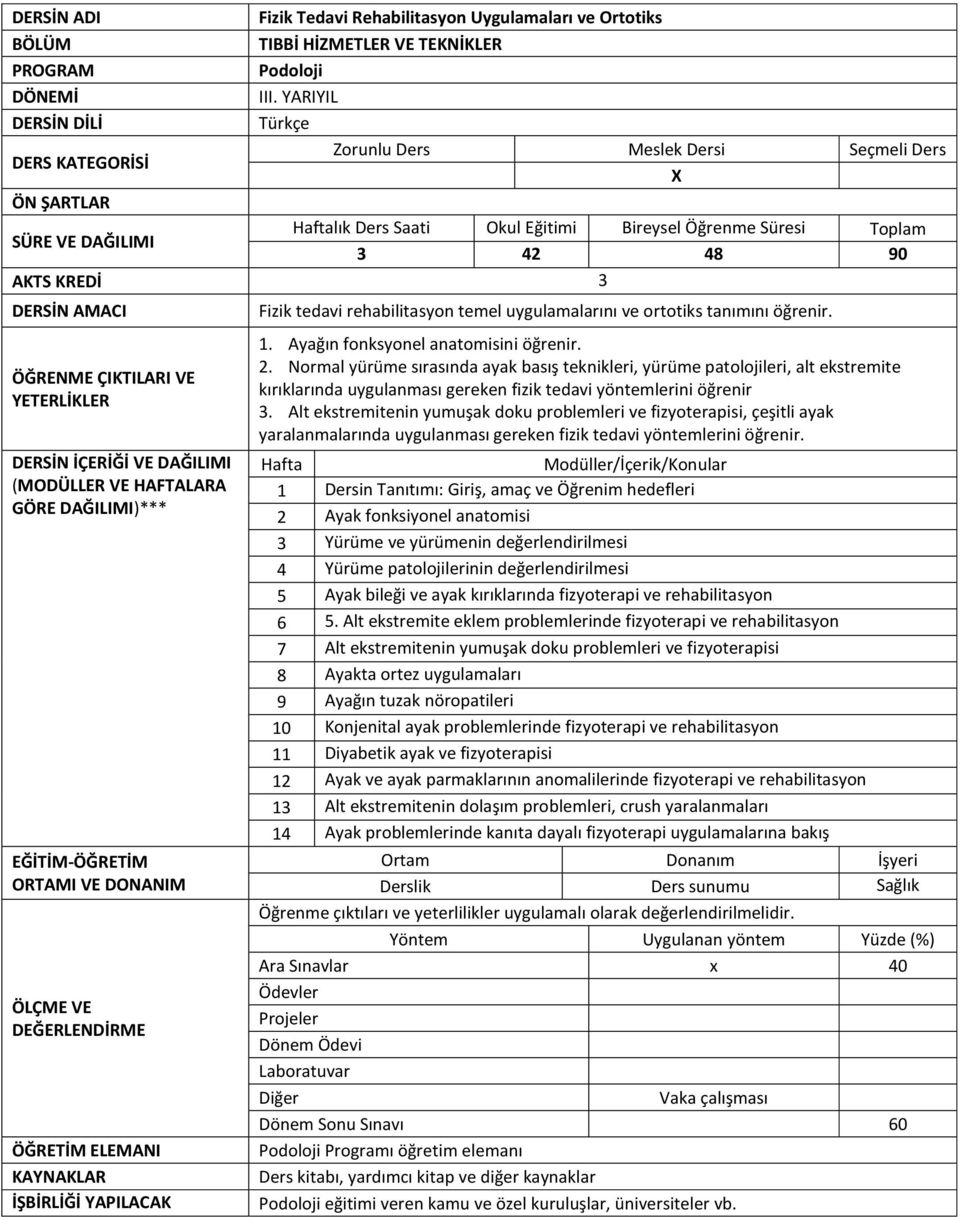 tedavi rehabilitasyon temel uygulamalarını ve ortotiks tanımını öğrenir. 1. Ayağın fonksyonel anatomisini öğrenir. 2.
