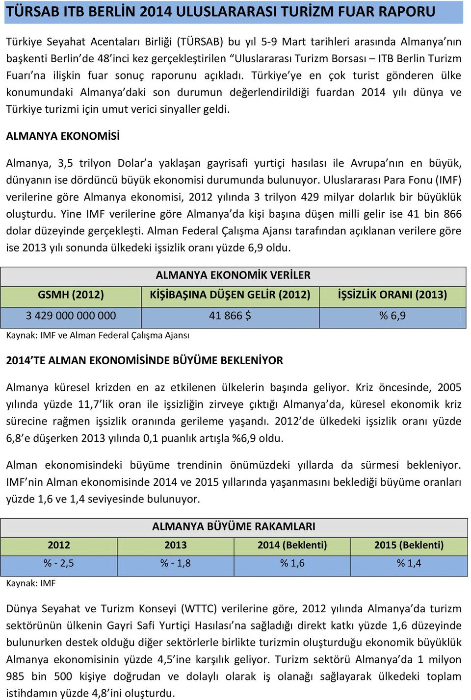 Türkiye ye en çok turist gönderen ülke konumundaki Almanya daki son durumun değerlendirildiği fuardan 2014 yılı dünya ve Türkiye turizmi için umut verici sinyaller geldi.