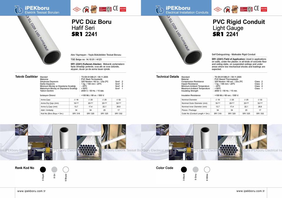 Self Extinguishing - Malleable Rigid Conduit SR1 (2241) Field of Application: Used in applications on walls, under the plaster; in all kinds of concrete floor and ceiling slabs, on suspended ceilings