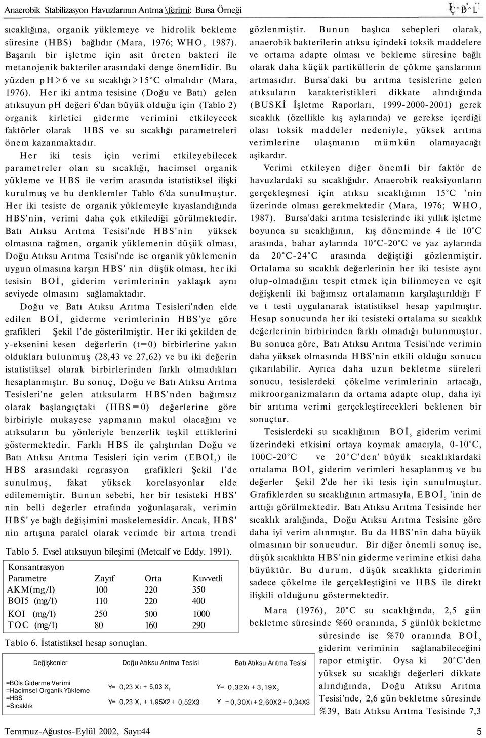 Her iki antma tesisine (Doğu ve Batı) gelen atıksuyun ph değeri 6'dan büyük olduğu için (Tablo 2) organik kirletici giderme verimini etkileyecek faktörler olarak HBS ve su sıcaklığı parametreleri