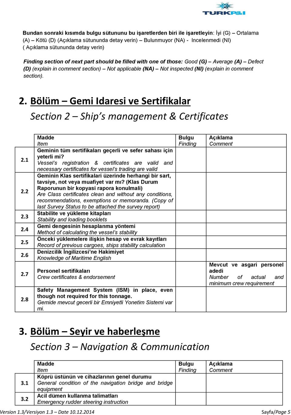 Bölüm Gemi Idaresi ve Sertifikalar Section 2 Ship s management & Certificates 2.1 2.2 2.3 2.4 2.5 2.6 2.7 2.8 Geminin tüm sertifikaları geçerli ve sefer sahası için yeterli mi?