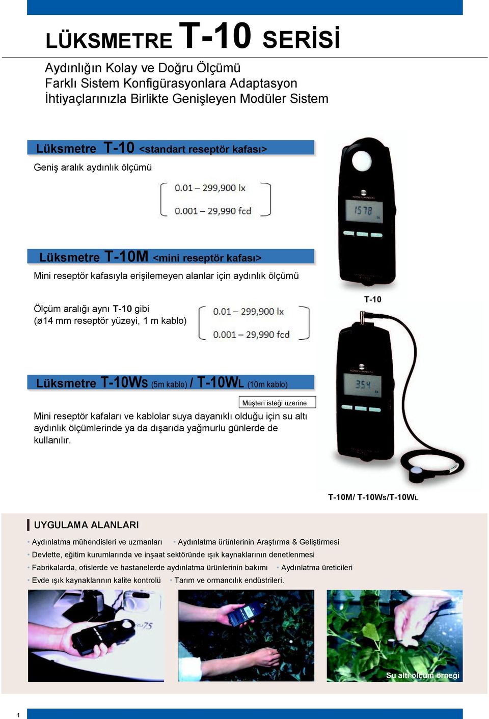 Lüksmetre T-10WS (5m kablo) / T-10WL (10m kablo) Müşteri isteği üzerine Mini reseptör kafaları ve kablolar suya dayanıklı olduğu için su altı aydınlık ölçümlerinde ya da dışarıda yağmurlu günlerde de